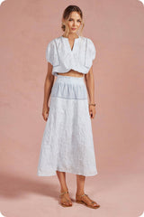 Floral Embroidery Cotton Lace Trim Skirt Top Set: Navy / L
