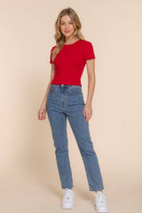 Short Sleeve Crew Neck Cotton Spandex Rib Knit Top : PNK-beige pink / L