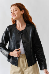 MAJ3284 WHIPSTITCH EDGE FAUX LEATHER JACEKT: BLACK / L