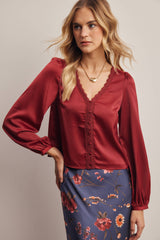 Lace Trim Satin Blouse