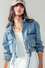 Drawstring Hem Stand Collar Denim Jacket