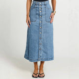 Blue Button Down Mid Length Denim Skirt