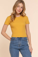Short Sleeve Crew Neck Cotton Spandex Rib Knit Top : PNK-beige pink / L