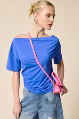 Ruched One Shoulder Short Sleeve Top: Black / L