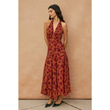 Floral Open Back Drop Waist Halter Dress