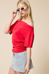 Ruched One Shoulder Short Sleeve Top: Black / L