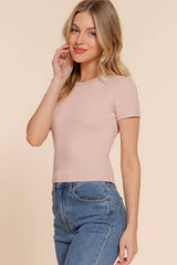 Short Sleeve Crew Neck Cotton Spandex Rib Knit Top : PNK-beige pink / L