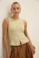 Sleeveless Gingham Knit Top with Button