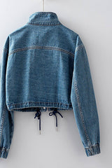Drawstring Hem Stand Collar Denim Jacket