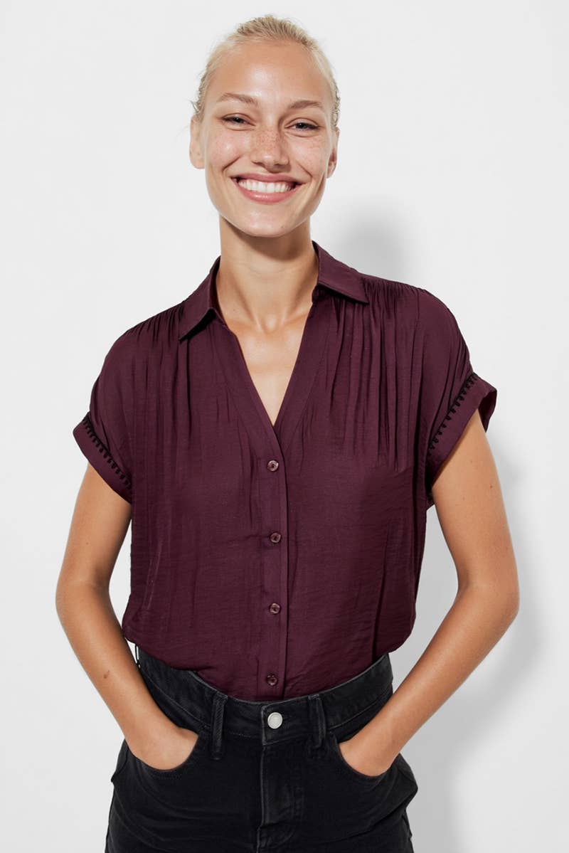 Whipstitch Short Sleeve Button Up Blouse