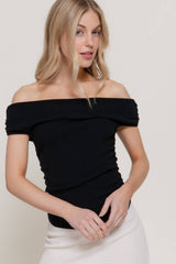 Off The Shoulder Side Ruched Sweater Top : BLK-black / L