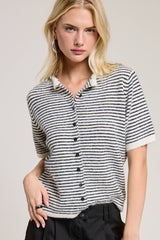 Navy Striped Short Sleeve Button Cardigan