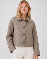 Women's Button Front Cropped Woolen Jacket: Gray / L