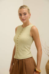 Sleeveless Gingham Knit Top with Button