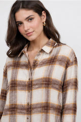 Women's Plaid Back Shirring Button Shirt: MILLIE / L
