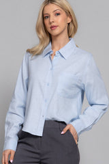 Long Sleeve Button Down Crop Linen Blend Shirt