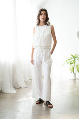 SHIRRED NECK DETAILED DOUBLE-TIE TOP: White / Contemporary / L