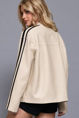 Long Sleeve Line Detail Washed Effect Faux Leather Jacket