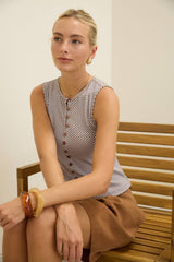Sleeveless Gingham Knit Top with Button