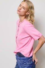 Short Sleeve Button Down Cardigan Top: Pink / L