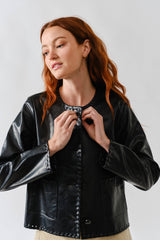 MAJ3284 WHIPSTITCH EDGE FAUX LEATHER JACEKT: BLACK / L