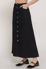 Stretch Cotton Twill A-Line Button Down Maxi Skirt: BLK-black / L