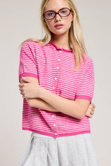 Navy Striped Short Sleeve Button Cardigan
