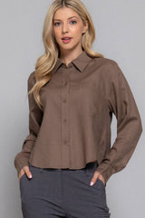 Long Sleeve Button Down Crop Linen Blend Shirt