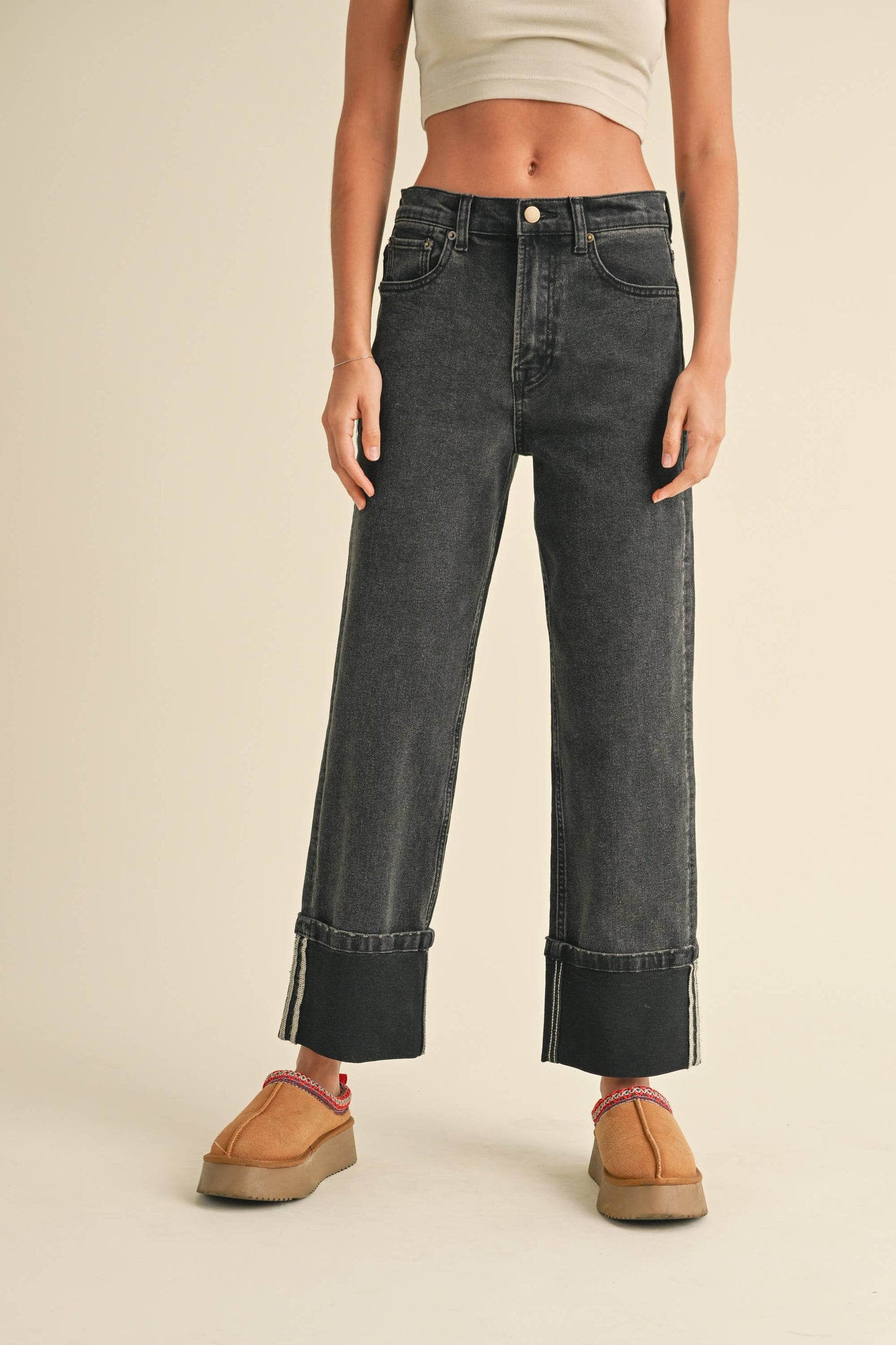 Cuffed Bottom Black Denim Pant