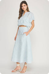 Floral Embroidery Cotton Lace Trim Skirt Top Set: Navy / L