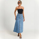 Blue Button Down Mid Length Denim Skirt