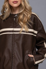 Long Sleeve Line Detail Washed Effect Faux Leather Jacket