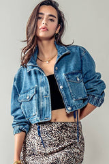 Drawstring Hem Stand Collar Denim Jacket