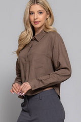 Long Sleeve Button Down Crop Linen Blend Shirt
