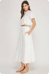 Floral Embroidery Cotton Lace Trim Skirt Top Set: Navy / L