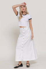 Stretch Cotton Twill A-Line Button Down Maxi Skirt: BLK-black / L