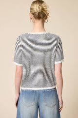 Black Striped Short Sleeve Button Cardigan