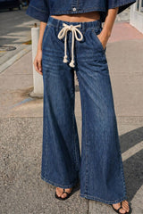 DRAWSTRING WIDE DENIM PANTS: DENIM / L