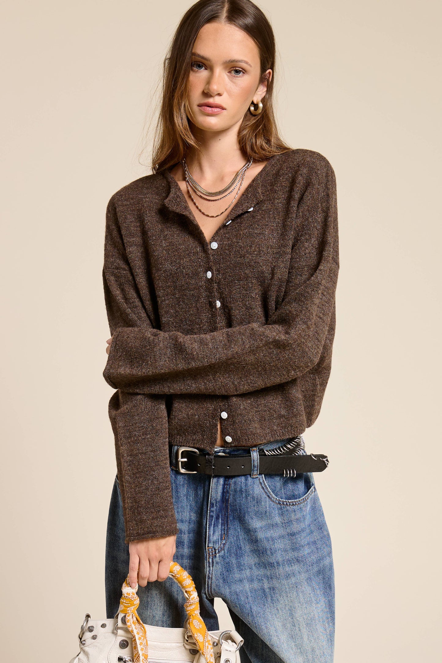 Essential Button Down Cardigan Top Walnut