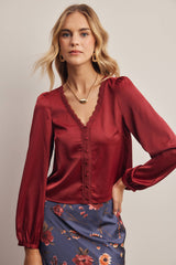Lace Trim Satin Blouse