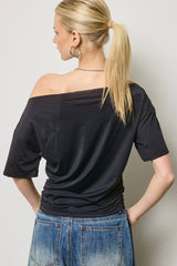 Ruched One Shoulder Short Sleeve Top: Black / L