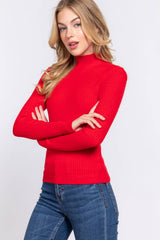 Long Sleeve Mock Neck Rib Sweater : RED