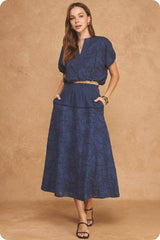 Floral Embroidery Cotton Lace Trim Skirt Top Set: Navy / L
