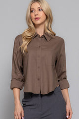 Long Sleeve Button Down Crop Linen Blend Shirt