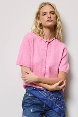 Short Sleeve Button Down Cardigan Top: Pink / L