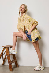 Oversized Gingham Button Down Shirt: Light Blue / L