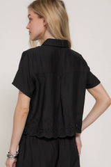 Short Sleeve Eyelet Scallop Hem Woven