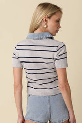Striped Contrast Collar Crop Top