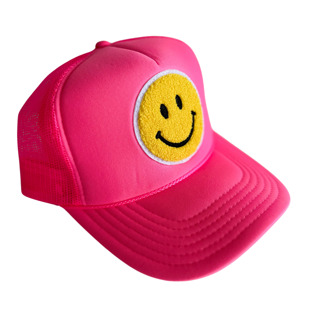 Local Beach Smiley Patch Trucker Hat: Black/Black