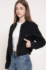 Long Sleeve Crew Neck Felt Jacket with Pocket Flap Detail: BRN-dark brown / L